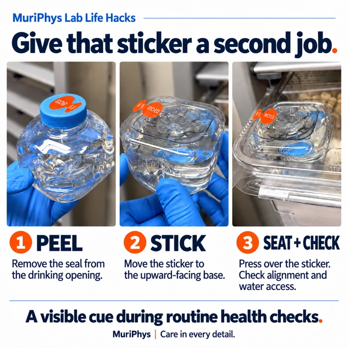 MuriPhys Lab Life Hacks: remove the seal from the drinking opening, move the sticker to the upward-facing base, then seat the bottle and check alignment and water access